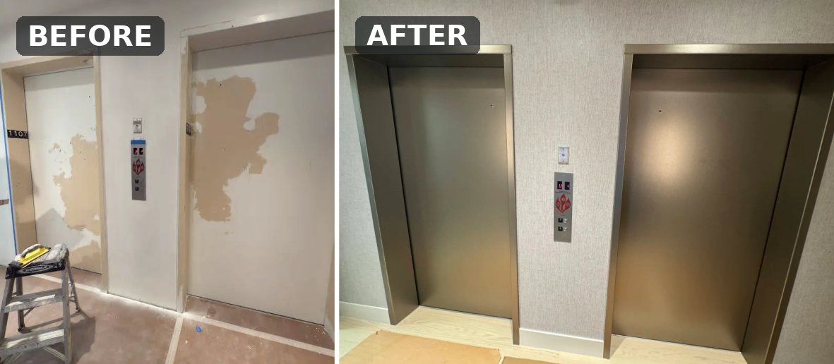 Before and after: peeling painted elevator doors wrapped in brushed bronze metallic film