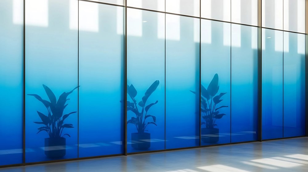Glass partition wall with blue gradient decorative film