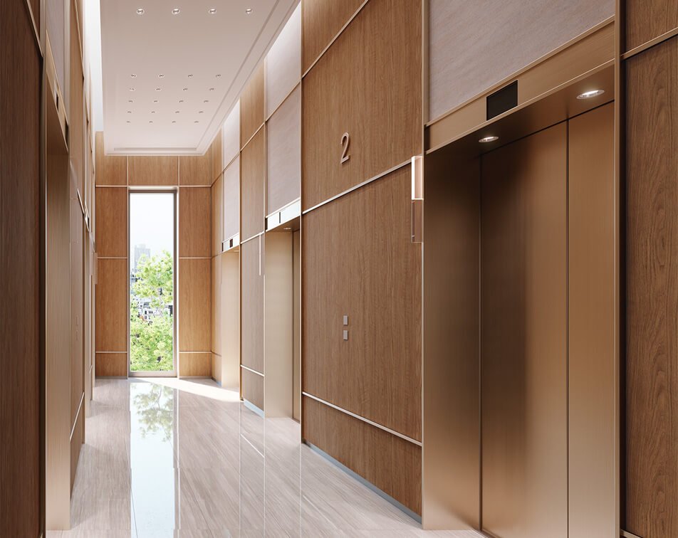 Elevator lobby with wood panel walls and bronze elevator doors