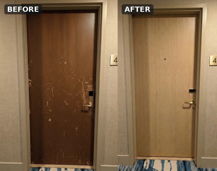 Before and after: scratched dark wood hotel door wrapped in light oak film