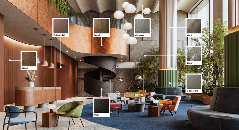 Hotel lobby showing wood, metal, stone and concrete film finishes, each labeled