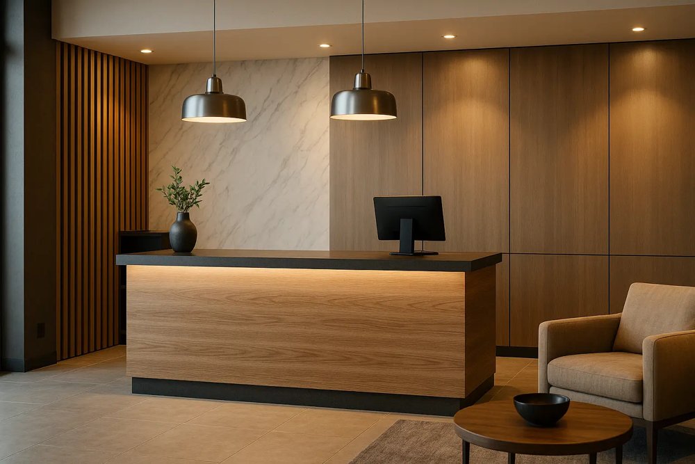 Reception desk and wall panels in oak and marble finishes